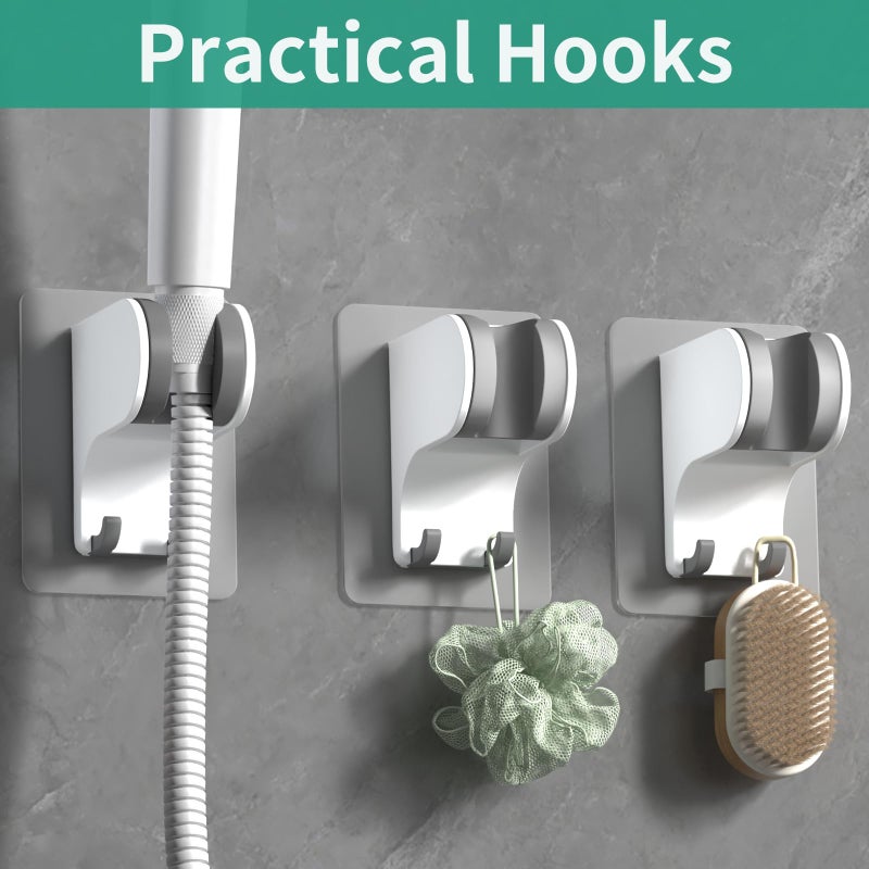 HEROBAI Hand Held Shower Head Holder Wall Mount, Shower Hose Holder Adhesive with 2 Hanger Hooks, Adjustable Shower Handle Holder, No Drilling Shower Wand Holder (White, 1 Pack) - Image 3